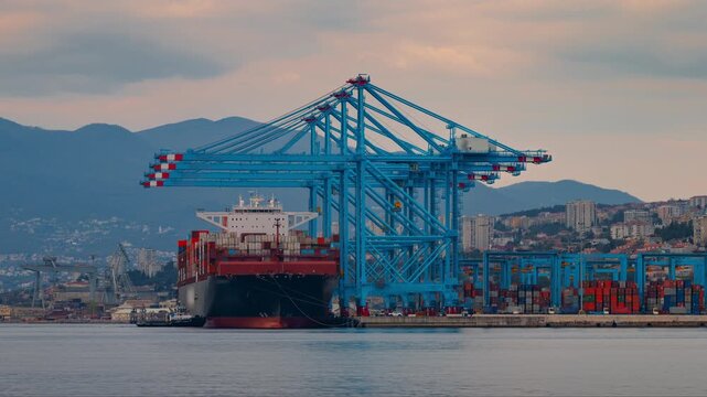 Timelapse of a large container ship berthed by tugboats to a busy cargo port with quay cranes preparing for loading operations. Gantry cranes working in the background with heavy semi-trucks traffic.