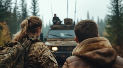 Obraz premium Two military personnel approach a camouflaged vehicle in a forested area, highlighting themes of teamwork, strategy, and survival in challenging environments.