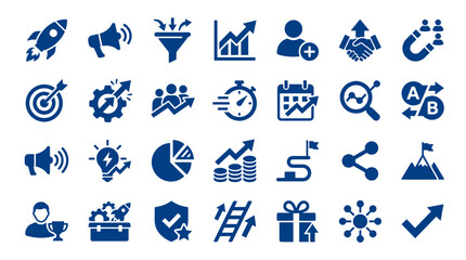Fototapeta premium Collection of business and finance icons representing growth strategy marketing analytics and success concepts in blue on white background