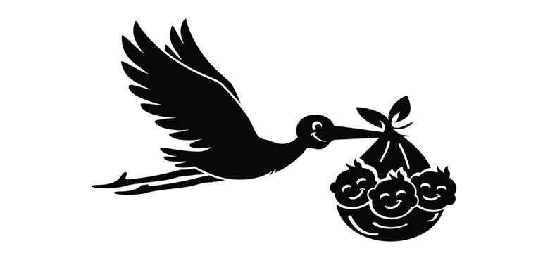 Newborn triplets. Flying stork brings a baby drawing. Stork holding a baby basket. Newborn baby girl or boy. cartoon bird. Stork flying in the sky. Stork carrying a baby silhouette. triplet babies, we