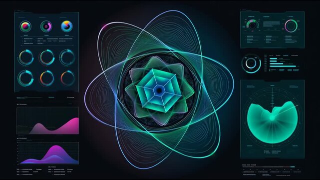 Abstract digital visualization of a geometric atom model with evolving color patterns and data graphs displayed on a dark background in a modern design setting