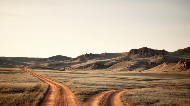 Dirt road splitting into two different directions across a vast, dry grassland landscape with hills under a bright, clear sky, symbolizing choice and new beginnings