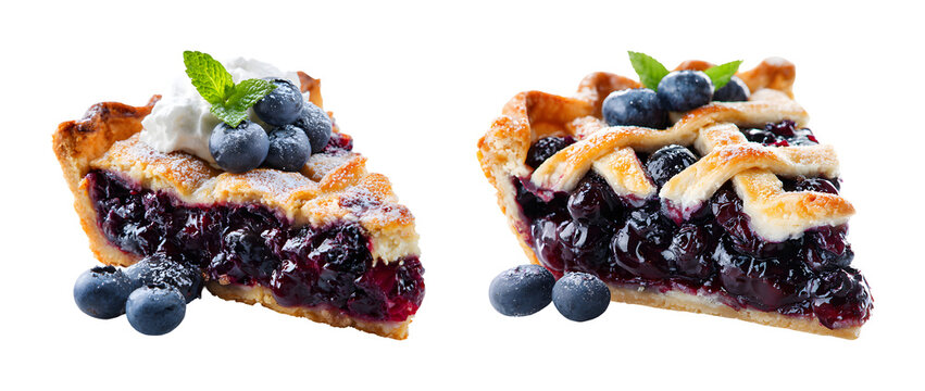 Blueberry pie slices with whipped cream and fresh berries PNG set isolated on transparent background