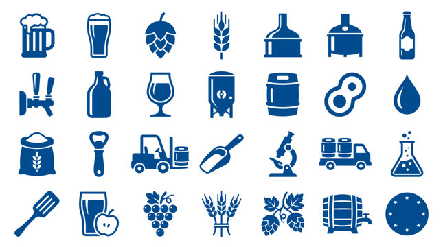 Brewing industry icons set for craft beer production and beverage manufacturing, including ingredients, equipment, and logistics