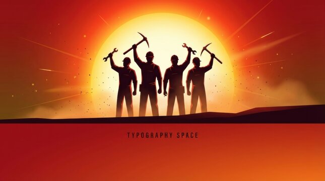 Silhouette of industrial workers holding tools against a glowing sunset background representing labor unity construction teamwork success hard work and professional cooperation in an epic outdoor