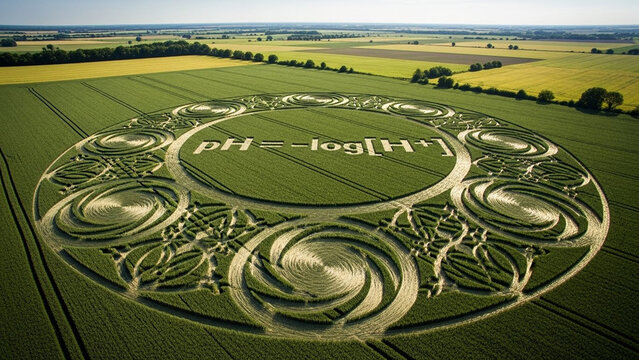 Intricate crop circle featuring the ph formula in a lush green field, aerial view, rural landscape