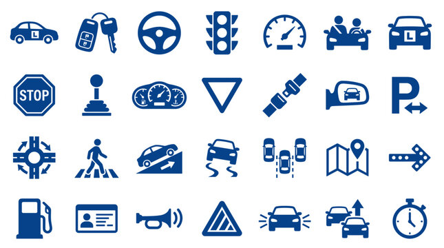 Collection of driving and car related icons representing traffic rules vehicle operation and road safety symbols