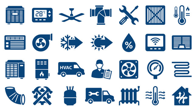 HVAC system icons and symbols for heating ventilation air conditioning services and home climate control technology