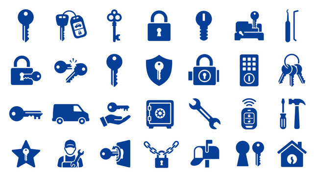 Collection of blue security and access icons representing keys locks safe and tools for protection and access control concepts