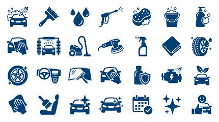 Car Wash Service Icons Set Blue Auto Detailing Cleaning Equipment and Symbols for Vehicle Maintenance and Care © Iconique Studio
