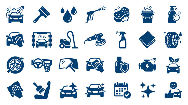 Car Wash Service Icons Set Blue Auto Detailing Cleaning Equipment and Symbols for Vehicle Maintenance and Care
