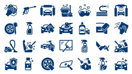 Collection of car wash and auto detailing icons representing cleaning and maintenance services for vehicles © Iconique Studio