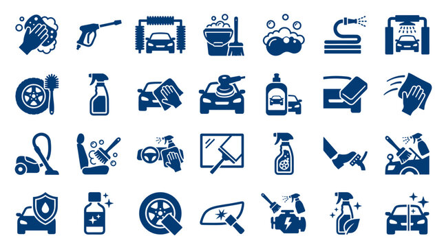 Collection of car wash and auto detailing icons representing cleaning and maintenance services for vehicles