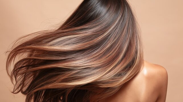 Woman with bare shoulders and smooth skin, voluminous balayage hair in rich brown and blonde highlights flowing in the air for a healthy, shiny, elegant salon look portrait