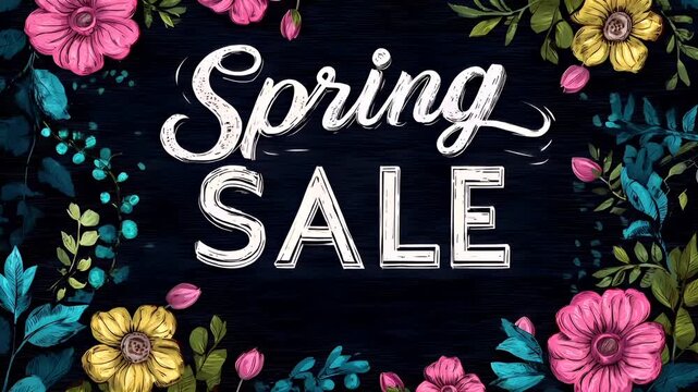 Retail promotion campaign advertisement. A vibrant and colorful illustration features the words Spring Sale in a cursive font against a dark, textured background.