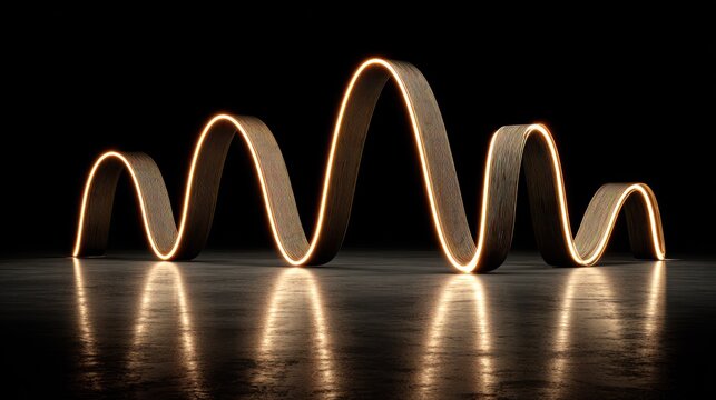 Illuminated wavy wooden structure rises and falls across a dark reflective surface