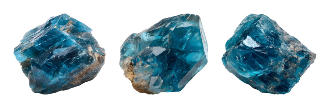Raw blue apatite gemstone mineral collection PNG set isolated on transparent background