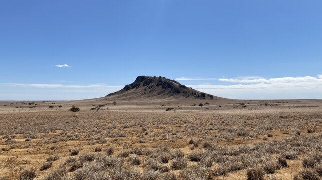 Volcanic plug formation standing prominently in a vast arid australian outback landscape, isolated under a clear blue sky, depicting remoteness and wild nature