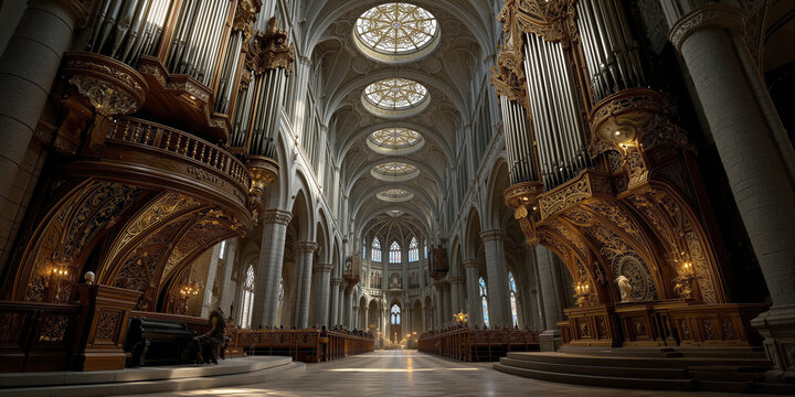 Grand church interior. Elegant sacred hall illuminated by chandeliers and intricate carvings