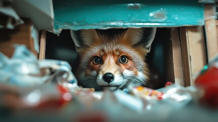 Fototapeta premium A curious fox peeks out from behind a pile of cardboard, showcasing its innocence and playful demeanor while adding a whimsical touch to a cluttered environment.