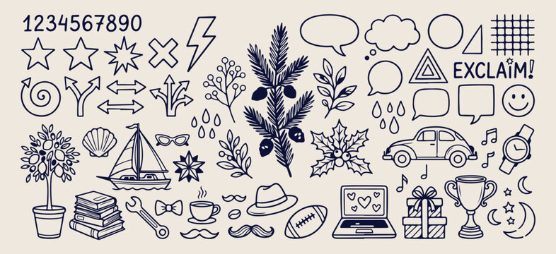 Simple geometric shape doodles, minimal outline icon illustrations, abstract line art graphics, creative box and circle elements, modern minimalist design symbols, hand drawn geometry collection, basi