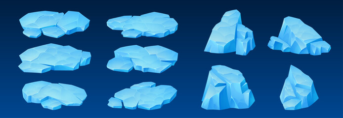 Ice glacier blocks and icebergs in snowy arctic mountains. Vector frozen floes, crystal formations and cartoon polar elements. North pole antarctica landscape with cold winter ocean ice scenery. © vectorpouch