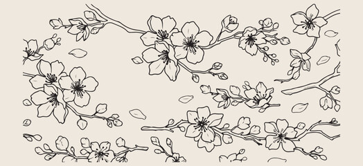 Cherry blossom floral branch set, spring sakura flower illustrations, Japanese botanical nature graphics, blooming tree branch icons, elegant floral sketch elements, oriental garden flower symbols, ch © Geetaroy
