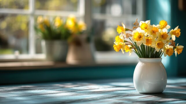A vase filled with vibrant yellow daffodils brings a burst of spring to a sunlit window, symbolizing renewal and beauty in nature with soft light enhancing the cheerful ambiance.