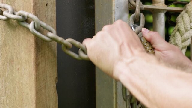 Combination number lock with heavy chain securing a steel grille door. Male trying to force lock and chain. Physical security, protection, access control, property safety concept, daylight. Clip 2