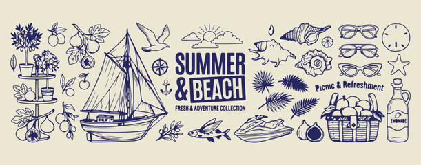 Summer and beach typography badges, outdoor vacation sticker illustrations, blue ink travel icon graphics, coastal sea and surf symbols, tropical summer holiday elements, maritime adventure badge coll © Geetaroy