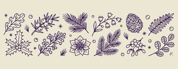 Purple winter and nature sketches, botanical leaf and flower illustrations, purple ink nature icon elements, seasonal plant and branch graphics, elegant floral sketch collection, garden nature aesthet © Geetaroy