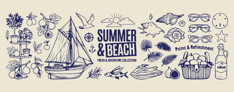 Summer and beach typography badges, outdoor vacation sticker illustrations, blue ink travel icon graphics, coastal sea and surf symbols, tropical summer holiday elements, maritime adventure badge coll