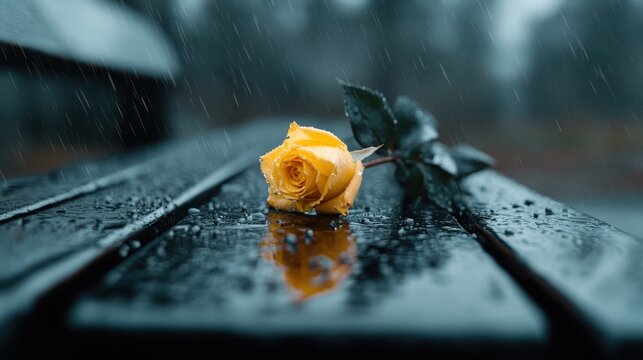 A poignant image capturing a single yellow rose resting on a rain-soaked bench, symbolizing beauty, fragility, and the bittersweet essence of nature and emotions.