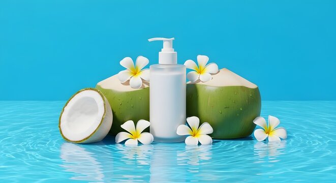 Cosmetic pump bottle mockup with fresh green coconuts and frangipani flowers in water