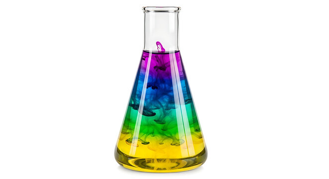 A colorful liquid mixture in a laboratory flask with a white background