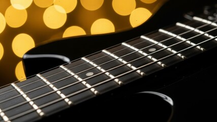 Fototapeta premium Close-up of guitar fretboard with warm bokeh lights.