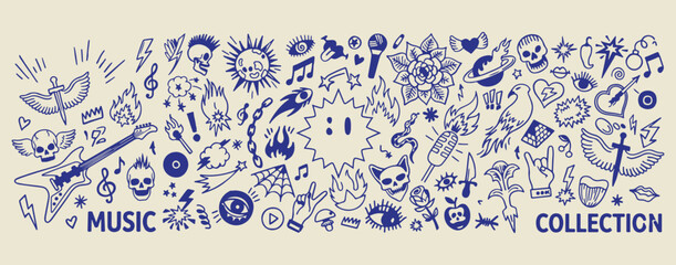 Blue mystic energy doodles, celestial sun and flame illustrations, blue ink spiritual icon elements, hand drawn magic and power symbols, cosmic energy sketch collection, whimsical spiritual art graphi © Geetaroy