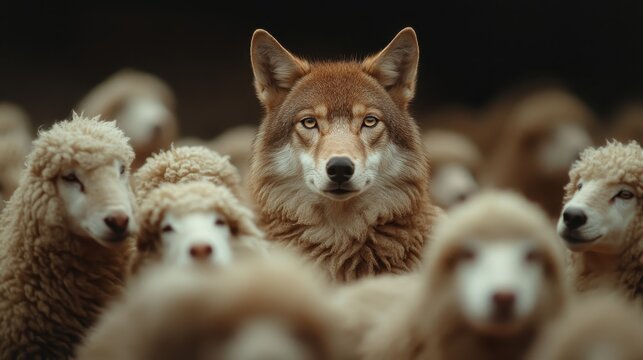 A striking image of a lone wolf surrounded by a flock of sheep, showcasing a moment of silent tension, capturing the primal instinct of predator and prey within nature.