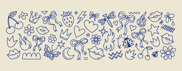 Whimsical love and magic doodles, cute heart and butterfly illustrations, blue ink sparkle icon elements, hand drawn crown and fire symbols, romantic doodle sketch collection, dreamy nature art graphi © Geetaroy