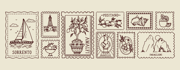 Amalfi Italy travel stamp set, vintage lemon tree illustrations, Mediterranean vacation postal graphics, brown ink sketch stamp icons, Italian travel souvenir elements, retro coastal holiday collectio © Geetaroy