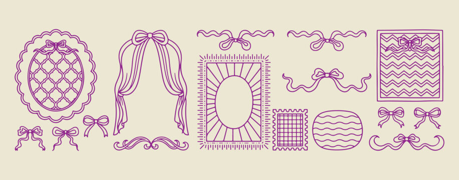 Purple bow and mirror frames, vintage aesthetic border illustrations, elegant purple ink frame graphics, romantic mirror border elements, classic decorative frame symbols, purple lace frame collection