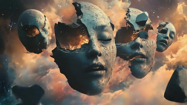 Abstract artwork of fragmented faces floating in a surreal cloudy sky