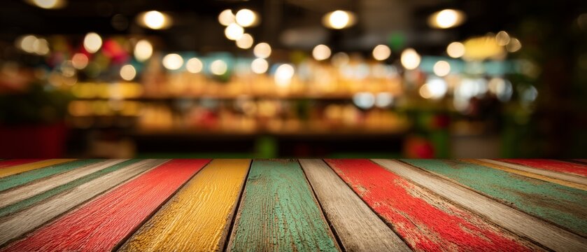 Vibrant Striped Wooden Table with Festive Bokeh Background. Image of wooden table in front and abstract blurred bright cinco de mayo background