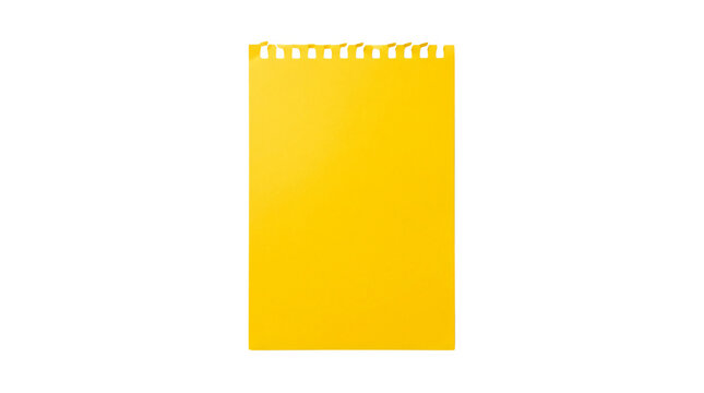 Bright yellow notepad with perforated edge, blank page for notes, isolated on transparent background