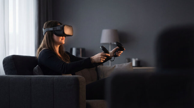 Woman using virtual reality headset with controllers in living room exploring immersive gaming simulation digital entertainment home technology future experience for immersive gaming promotion