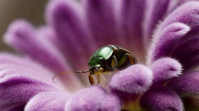 Beetle On Flower. Detailed Photograph Of Tiny Insect Resting On Soft Purple Flower With Bokeh Background