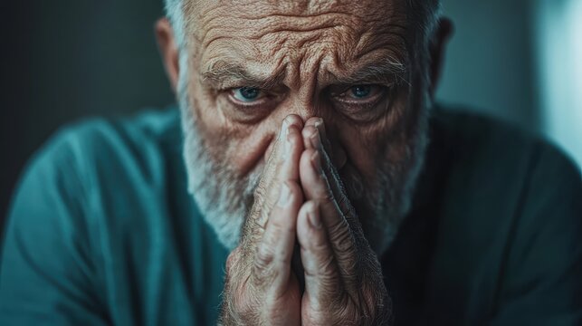 An elderly man with a thoughtful expression and worn hands, capturing wisdom, life's challenges, and the beauty of aging, resonating with themes of reflection and experience.