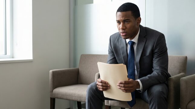 African-American young man awaiting job interview nerves holding