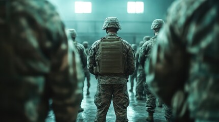 Obraz premium A group of soldiers in camouflage uniforms standing in formation, waiting for instructions, emphasizing discipline, unity, and military readiness in a challenging environment.