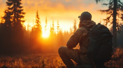 Fototapeta premium A lone hiker sitting on a rock, gazing at a stunning sunset through the trees, capturing the beauty of nature, reflection, and the joy of exploration in the wilderness.